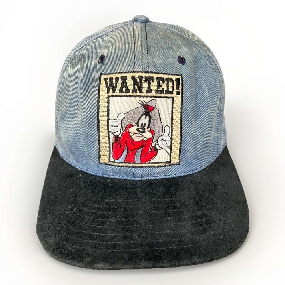 Vintage Disney Store Goofy Wanted Embroidered Denim Snapback Hat Cap RARE
